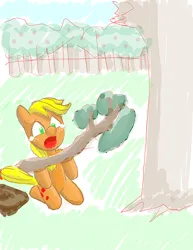 Size: 510x660 | Tagged: safe, artist:anonymous, derpibooru import, applejack, pony, semi-anthro, g4, agony, apple orchard, broken, colored, drawthread, female, image, jpeg, mare, orchard, outdoors, pun in description, requested art, screaming, solo, teary eyes, tree branch