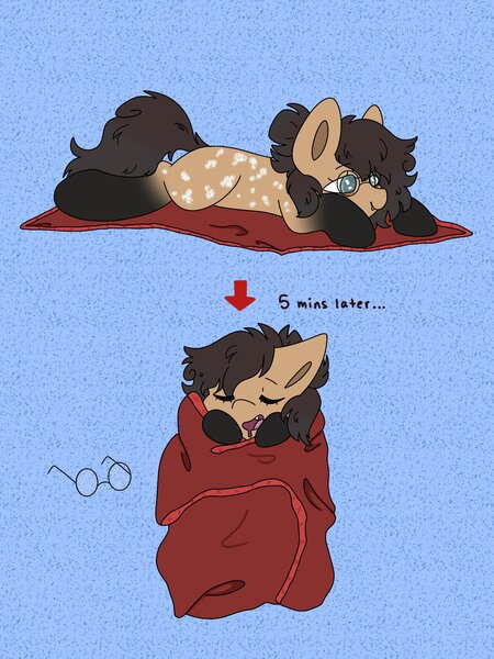 Size: 1536x2048 | Tagged: safe, artist:starbite444, derpibooru import, oc, oc:nixie tube, unofficial characters only, bat pony, earth pony, hybrid, wingless bat pony, 2 panel comic, blanket, blanket burrito, coat markings, comic, dappled, fangs, female, glasses, image, jpeg, socks (coat marking), solo, wingless