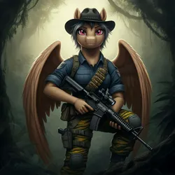 Size: 1024x1024 | Tagged: safe, ai content, derpibooru import, generator:google imagen 3.0, machine learning generated, prompter:zerowinger, daring do, anthro, pegasus, series:g.i. pony: a real equestrian hero, g4, assault rifle, bandolier, clothes, cosplay, costume, fatigues, female, forest, g.i. joe, gun, hat, image, jpeg, jungle, military uniform, nature, recondo, rifle, solo, tiger force, tree, uniform, weapon