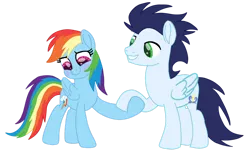 Size: 1280x776 | Tagged: safe, artist:soarindasher10, derpibooru import, rainbow dash, soarin', pegasus, pony, blushing, female, holding hooves, image, male, mare, movie accurate, png, shipping, simple background, smiling, soarindash, stallion, straight, transparent background