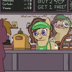 Size: 1920x1920 | Tagged: safe, artist:_butterscotch, derpibooru import, oc, oc:cappuccino, unofficial characters only, earth pony, pony, barista, cafe, cash register, chalkboard, coffee, cover art, dialogue, female, freckles, image, png, starbucks