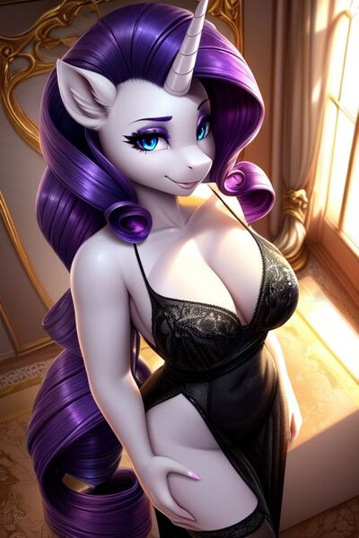 Size: 512x768 | Tagged: suggestive, ai content, derpibooru import, machine learning generated, prompter:qnr, rarity, anthro, unicorn, black dress, breasts, busty rarity, cleavage, clothes, dress, evening dress, eyeshadow, female, horn, image, jpeg, makeup, side slit, socks, solo, stockings, stupid sexy rarity, thigh highs