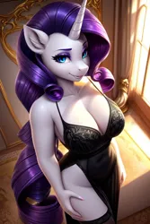 Size: 512x768 | Tagged: suggestive, ai content, derpibooru import, machine learning generated, prompter:qnr, rarity, anthro, unicorn, black dress, breasts, busty rarity, cleavage, clothes, dress, evening dress, eyeshadow, female, horn, image, jpeg, makeup, side slit, socks, solo, stockings, stupid sexy rarity, thigh highs