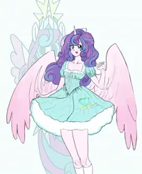 Size: 768x939 | Tagged: safe, artist:raritmiu, derpibooru import, princess flurry heart, alicorn, human, pony, alicorn humanization, clothes, cute, dress, eared humanization, female, flurrybetes, horn, horned humanization, humanized, image, jpeg, mare, older, older flurry heart, open mouth, socks, solo, winged humanization, wings