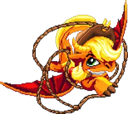 Size: 1078x966 | Tagged: safe, artist:dragonm97, derpibooru import, applejack, dragon, g4, digital art, dragoness, dragonified, female, image, manepxls, mouth hold, pixel art, png, pxls.space, rope, simple background, solo, species swap, spread wings, transparent background, wings