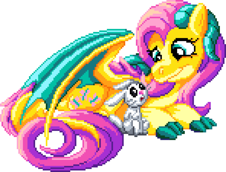 Size: 1036x791 | Tagged: safe, artist:dragonm97, derpibooru import, angel bunny, fluttershy, dragon, rabbit, g4, animal, digital art, dragoness, dragonified, female, image, lying down, male, manepxls, open mouth, partially open wings, pixel art, png, pxls.space, simple background, smiling, species swap, transparent background, wings