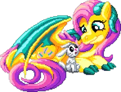 Size: 1036x791 | Tagged: safe, artist:dragonm97, derpibooru import, angel bunny, fluttershy, dragon, rabbit, g4, animal, digital art, dragoness, dragonified, female, image, lying down, male, manepxls, open mouth, partially open wings, pixel art, png, pxls.space, simple background, smiling, species swap, transparent background, wings