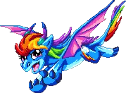 Size: 1074x792 | Tagged: safe, artist:dragonm97, derpibooru import, rainbow dash, dragon, g4, digital art, dragoness, dragonified, female, image, manepxls, open mouth, pixel art, png, pxls.space, simple background, solo, species swap, spread wings, transparent background, wings