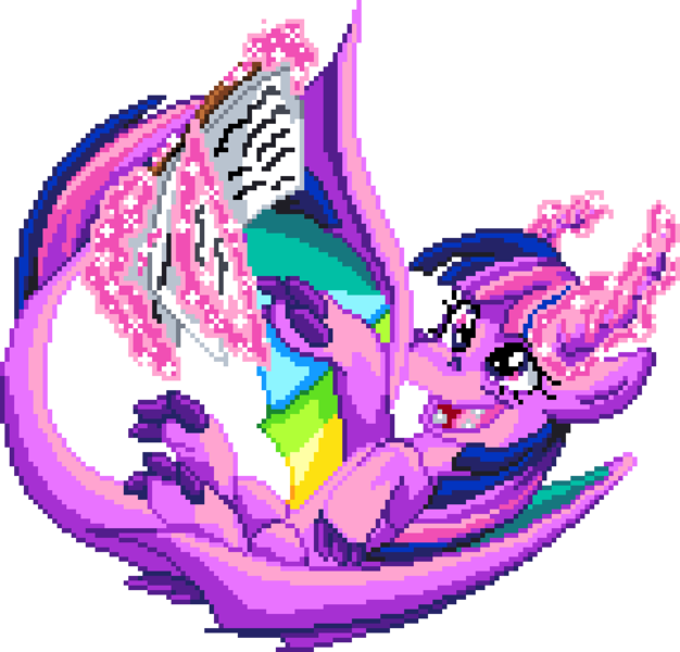 Size: 1001x959 | Tagged: safe, artist:dragonm97, derpibooru import, twilight sparkle, dragon, g4, book, digital art, dragoness, dragonified, female, image, magic, manepxls, open mouth, partially open wings, pixel art, png, pxls.space, reading, simple background, solo, species swap, telekinesis, transparent background, wings