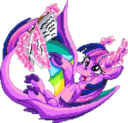 Size: 1001x959 | Tagged: safe, artist:dragonm97, derpibooru import, twilight sparkle, dragon, g4, book, digital art, dragoness, dragonified, female, image, magic, manepxls, open mouth, partially open wings, pixel art, png, pxls.space, reading, simple background, solo, species swap, telekinesis, transparent background, wings