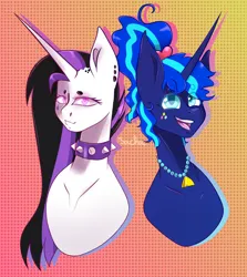 Size: 3018x3390 | Tagged: safe, artist:emotional-kindness, derpibooru import, princess celestia, princess luna, alicorn, pony, between dark and dawn, g4, 80s princess luna, bust, duo, female, gradient background, image, mare, my little pony, png, portrait, punklestia, royal sisters, siblings, signature, sisters, speedpaint available