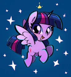 Size: 1250x1361 | Tagged: safe, artist:talimingi, derpibooru import, twilight sparkle, twilight sparkle (alicorn), alicorn, pony, g4, cute, female, flying, image, jpeg, looking at you, mare, open mouth, open smile, smiling, smiling at you, solo, spread wings, starry background, stars, twiabetes, wings