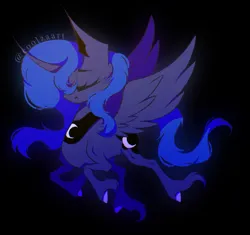 Size: 1083x1020 | Tagged: safe, artist:coolzaart, derpibooru import, princess luna, alicorn, pony, black background, curved horn, eyes closed, female, horn, image, mare, png, signature, simple background, solo, unshorn fetlocks