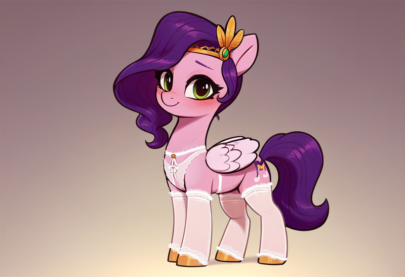 Size: 1216x832 | Tagged: safe, ai content, anonymous prompter, derpibooru import, machine learning generated, pipp petals, pegasus, pony, g4, g5, adorapipp, blushing, clothes, cute, female, gradient background, image, lingerie, mare, png, solo