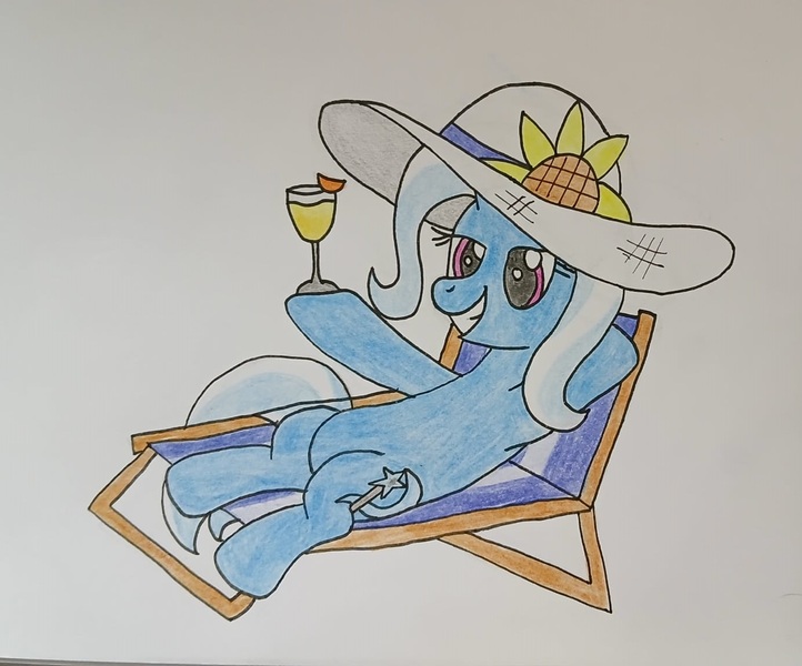 Size: 1381x1148 | Tagged: safe, artist:toastymares, ponerpics import, trixie, pony, unicorn, /bale/, alcohol, beach chair, female, glass, hat, image, jpeg, lounging, mare, raised hoof, smiling, solo, sun hat, traditional art, wine glass