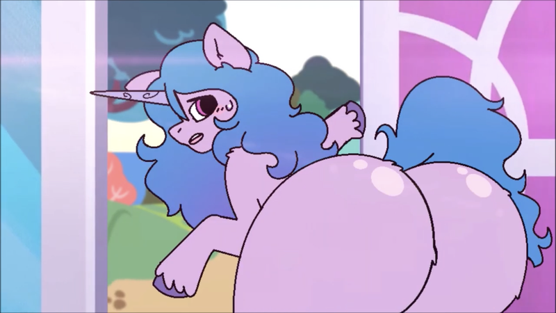 Size: 2001x1125 | Tagged: suggestive, artist:tamers12345, derpibooru import, izzy moonbow, pony, unicorn, g5, bipedal, butt, butt fluff, cute, dummy thicc, female, horn, human shoulders, image, izzy moonbutt, looking back, mare, meme, plot, png, sexy, shoulder fluff, solo, the ass was fat, unshorn fetlocks