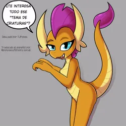 Size: 1000x1000 | Tagged: safe, artist:tjpones, derpibooru import, edit, editor:ponysexy58, smolder, dragon, g4, blue eyes, colored, dialogue, dragoness, eyebrows, eyelashes, female, gray background, horn, image, jpeg, lidded eyes, open mouth, open smile, orange skin, purple mane, shading, sharp teeth, simple background, smiling, solo, spanish, speech bubble, talking to viewer, tan skin, teeth, translation, translator:ponysexy58, wingless