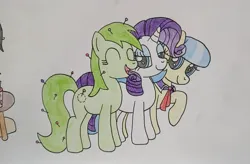 Size: 1372x900 | Tagged: safe, artist:toastymares, ponerpics import, coco pommel, rarity, oc, oc:pin cushion, earth pony, pony, unicorn, /bale/, cute, female, happy, image, jpeg, mare, pins, raised hoof, traditional art, trio