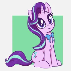 Size: 3000x3000 | Tagged: safe, artist:t72b, derpibooru import, starlight glimmer, pony, unicorn, g4, bow, cute, female, glimmerbetes, horn, image, looking at you, mare, neck bow, passepartout, png, simple background, sitting, smiling, smiling at you, solo