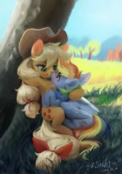 Size: 4169x5906 | Tagged: safe, artist:flvski, derpibooru import, applejack, rainbow dash, earth pony, pegasus, pony, absurd resolution, appledash, applejack's hat, blushing, boop, chest fluff, cowboy hat, cuddling, cute, dashabetes, duo, duo female, eye contact, female, folded wings, freckles, grass, hat, image, jackabetes, lesbian, looking at each other, looking at someone, nose wrinkle, noseboop, outdoors, png, shipping, tree, wings