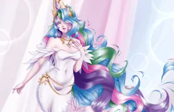 Size: 5100x3300 | Tagged: safe, artist:8hamon, derpibooru import, kotobukiya, princess celestia, human, clothes, crown, dress, female, hair over one eye, humanized, image, jewelry, kotobukiya princess celestia, long hair, png, regalia, signature, solo