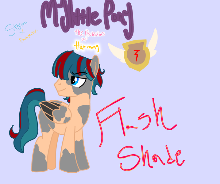 Size: 3878x3243 | Tagged: safe, derpibooru import, flash magnus, meadowbrook, mistmane, rockhoof, somnambula, star swirl the bearded, oc, oc:flashshade, pegasus, black wings, blue eyes, blue mane, bobcut, cutie mark, grey spots, image, long tail, mentioned, my little pony: the protectors of harmony, pale coat, pillars of equestria, png, red bolt, red stripes, shield, short hair, spotted, tail, wings