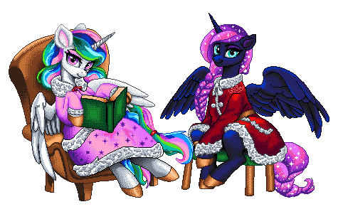 Size: 475x308 | Tagged: safe, artist:epicvon, derpibooru import, princess celestia, princess luna, alicorn, g4, book, braid, braided tail, chair, christmas, clothes, coat, holiday, horn, image, my little pony, png, reading, sleepware, tail, wings