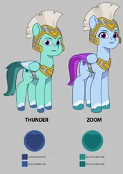 Size: 1085x1530 | Tagged: safe, derpibooru import, official, pegasus, pony, g5, duo, duo male and female, female, gray background, guardsmare, helmet, image, male, mare, pegasus royal guard, png, royal guard, simple background, stallion, thunder flap, zoom zephyrwing