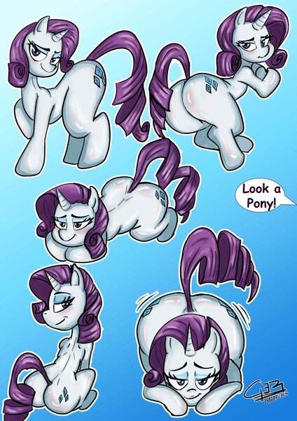 Size: 847x1200 | Tagged: suggestive, artist:ger_art01, derpibooru import, rarity, pony, unicorn, g4, back, blushing, butt, butt blush, butt jiggle, female, horn, image, jiggle, jpeg, looking back, mare, plot, rearity, sitting, solo, the ass was fat