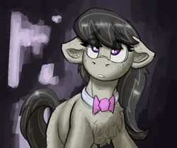 Size: 1280x1071 | Tagged: safe, artist:reddthebat, derpibooru import, octavia melody, earth pony, pony, g4, abstract background, bowtie, chest freckles, collar, eyebrows, eyebrows visible through hair, female, floppy ears, freckles, image, looking up, mare, octavia's bowtie, png, solo