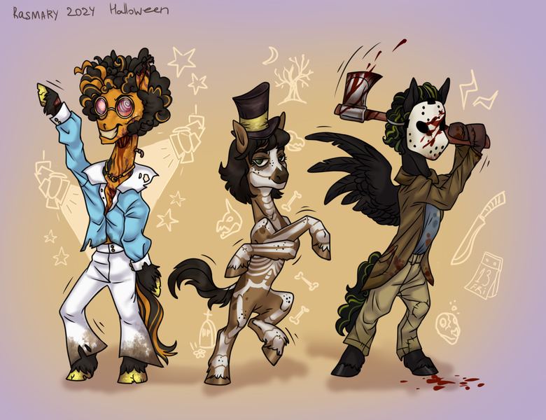 Size: 1560x1200 | Tagged: semi-grimdark, artist:rasmary, derpibooru import, oc, oc:cookie cheetos, oc:fast bullet, oc:outworld, unofficial characters only, earth pony, pegasus, pony, undead, zombie, fallout equestria, g4, alternate universe, axe, black, blood, bone, clothes, colt, cosplay, costume, cylinder, dancing, digital art, dirt, disco, disco zombie, easter egg (media), female, filly, foal, friday the 13th, glasses, halloween, halloween costume, hat, holiday, image, injured, kindred, male, maniac, mare, mare oc, mask, my little pony, plants vs zombies, png, relatives, russet, short mane, siblings, simple background, skeleton, skeleton costume, spooky, spooky scary skeleton, spread wings, stallion, stallion oc, standing up, teenager, trio, weapon, wings, without clothes