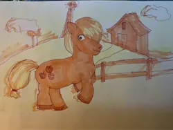 Size: 4032x3024 | Tagged: safe, artist:wizarny, applejack, earth pony, pony, barn, colored, female, hoers, image, jpeg, looking at you, mare, rearing, sketch, smiling, smiling at you, sweet apple acres, traditional art