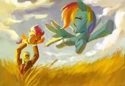 Size: 3330x2306 | Tagged: safe, anonymous artist, rainbow dash, scootaloo, oc, oc:anon, pony, cute, female, filly, flying, high res, holding a pony, image, png