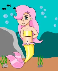 Size: 770x937 | Tagged: safe, artist:ocean lover, derpibooru import, fluttershy, fish, human, mermaid, arm behind back, bandeau, bare midriff, bare shoulders, bashful, belly, belly button, blue eyes, boulder, bubble, child, clam, cute, fins, fish tail, hair over one eye, human coloration, humanized, image, innocent, kelp, kindness, light skin, long hair, looking at you, mermaid tail, mermaidized, mershy, midriff, ms paint, ocean, pink hair, png, rock, seashell, seaweed, shy, shyabetes, smiling, smiling at you, species swap, swimming, tail, tail fin, underwater, water, young fluttershy, younger