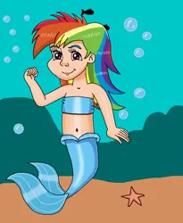 Size: 770x937 | Tagged: safe, artist:ocean lover, derpibooru import, rainbow dash, fish, human, mermaid, starfish, 20% cooler, arrogant, bandeau, bare midriff, bare shoulders, belly, belly button, bubble, child, cocky, confident, cute, dashabetes, fins, fish tail, flexing, human coloration, humanized, image, light skin, long hair, looking at you, loyalty, magenta eyes, mermaid tail, mermaidized, midriff, ms paint, multicolored hair, ocean, png, rainbow hair, rock, smiling, smiling at you, smirk, species swap, swimming, tail, tail fin, underwater, water, younger