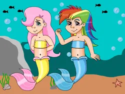 Size: 1242x937 | Tagged: safe, artist:ocean lover, derpibooru import, fluttershy, rainbow dash, fish, human, mermaid, starfish, 20% cooler, arm behind back, arrogant, bandeau, bare midriff, bare shoulders, bashful, belly, belly button, best friends, blue eyes, boulder, bubble, child, clam, cocky, confident, cute, dashabetes, duo, duo female, female, fins, fish tail, flexing, hair over one eye, human coloration, humanized, image, innocent, kelp, kids, kindness, light skin, long hair, looking at you, loyalty, magenta eyes, mermaid tail, mermaidized, mershy, midriff, ms paint, multicolored hair, ocean, pink hair, png, rainbow hair, rock, seashell, seaweed, shy, shyabetes, smiling, smiling at you, smirk, species swap, swimming, tail, tail fin, underwater, water, young fluttershy, younger