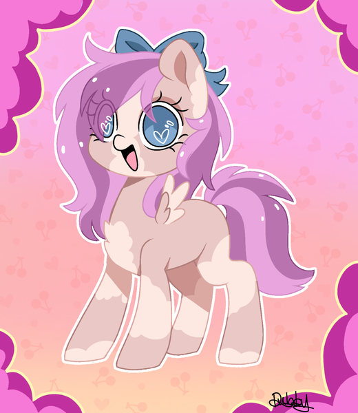 Size: 1300x1500 | Tagged: safe, artist:dub_doodles, derpibooru import, oc, oc:chai leche, pegasus, bow, coat markings, commission, cute, gradient background, happy, heart, heart eyes, image, patterned background, png, standing, two toned mane, wingding eyes, ych result