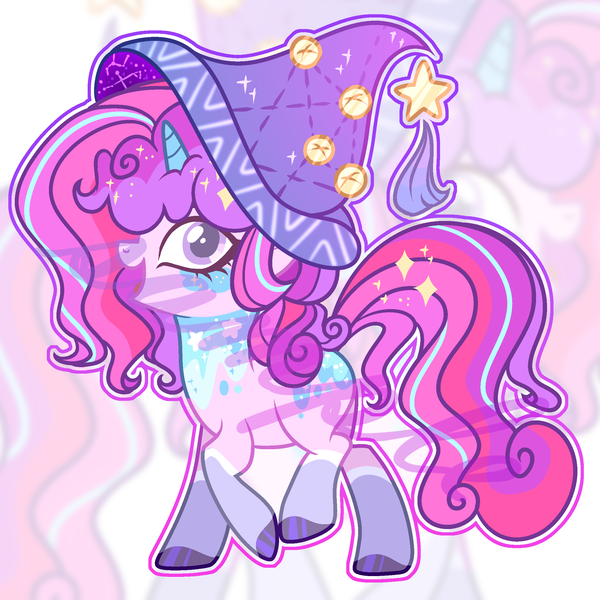 Size: 2232x2232 | Tagged: safe, artist:anno酱w, derpibooru import, oc, unofficial characters only, pony, unicorn, adoptable, adopted offspring, base used, bells, hat, horn, image, offspring, outline, parent:pinkie pie, parent:star swirl the bearded, png, smiling, solo, stars, walking, watermark, witch hat, zoom layer