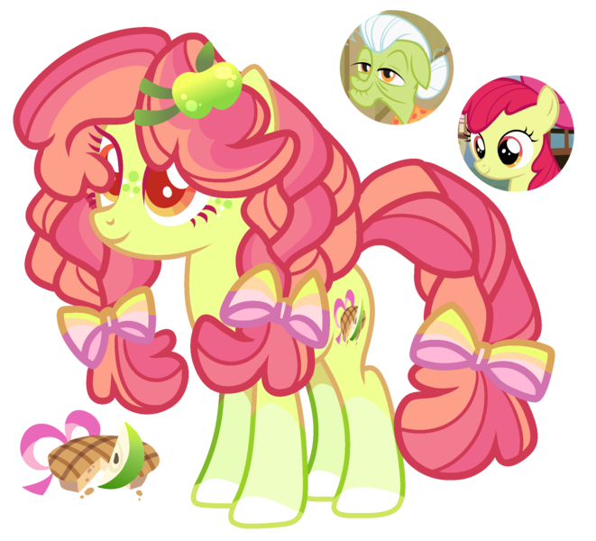 Size: 2324x2108 | Tagged: safe, artist:anno酱w, derpibooru import, oc, unofficial characters only, earth pony, pony, apple, base used, bow, bowtie, cutie mark, food, freckles, image, magical lesbian spawn, offspring, parent:apple bloom, parent:granny smith, pigtails, png, simple background, solo, transparent background