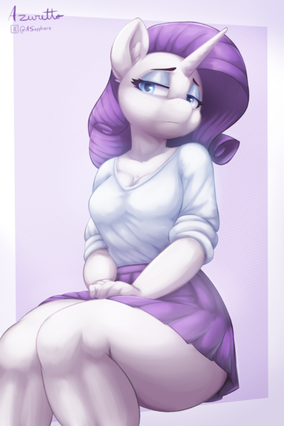 Size: 3000x4500 | Tagged: safe, artist:azuretto, derpibooru import, rarity, anthro, unicorn, breasts, busty rarity, cleavage, clothes, equestria girls outfit, female, high res, horn, image, lidded eyes, png, sitting, solo, wide hips