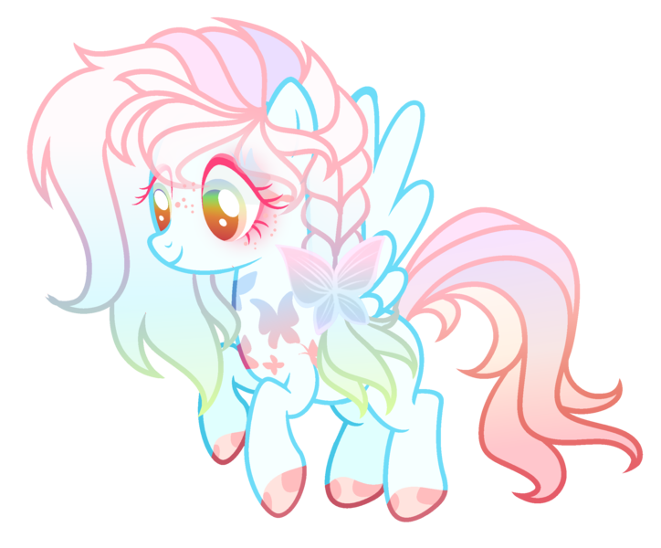 Size: 2372x1966 | Tagged: safe, artist:anno酱w, derpibooru import, oc, unofficial characters only, butterfly, insect, pegasus, pony, adoptable, base used, body markings, eyelashes, eyeshadow, facial markings, flying, freckles, image, magical lesbian spawn, makeup, multicolored hair, offspring, parent:fluttershy, parent:rainbow dash, png, rainbow hair, simple background, solo, transparent background