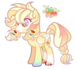 Size: 2421x2199 | Tagged: safe, artist:anno酱w, derpibooru import, oc, unofficial characters only, pegasus, pony, adoptable, apple, base used, body markings, cutie mark, ethereal mane, facial markings, food, hoof fluff, image, magical lesbian spawn, multicolored hair, offspring, parent:applejack, parent:rainbow dash, pigtails, png, rainbow hair, simple background, solo, starry hair, starry mane, transparent background, zap apple