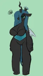 Size: 491x859 | Tagged: suggestive, artist:artjsc, derpibooru import, queen chrysalis, anthro, changeling, changeling queen, unguligrade anthro, g4, arm hooves, big breasts, breasts, busty queen chrysalis, cleavage, cross-popping veins, emanata, female, green background, horn, image, lidded eyes, light green background, png, simple background, solo, solo female, tail, underass, wings