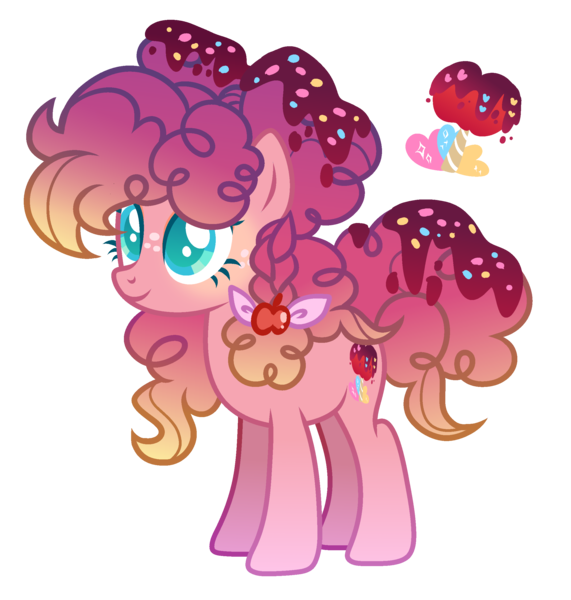 Size: 2308x2424 | Tagged: safe, artist:anno酱w, derpibooru import, oc, unofficial characters only, earth pony, pony, adoptable, apple, base used, bow, bowtie, caramel apple (food), cutie mark, food, freckles, hair bun, image, magical lesbian spawn, offspring, parent:applejack, parent:pinkie pie, pigtails, png, simple background, solo, sprinkles, transparent background