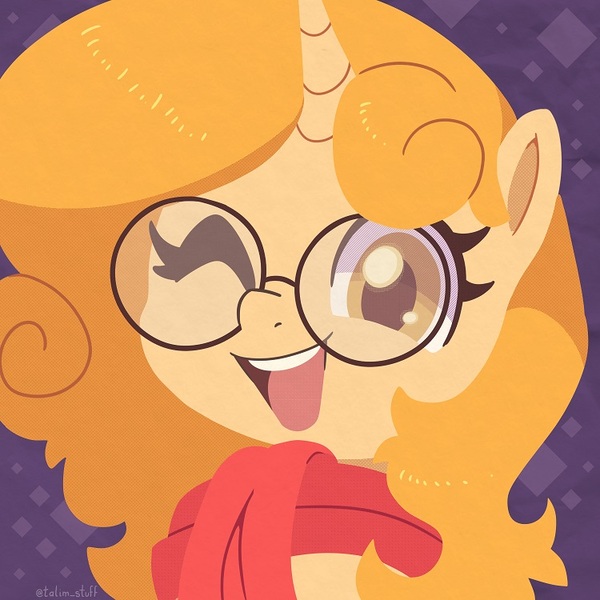 Size: 750x750 | Tagged: safe, artist:talimingi, derpibooru import, oc, unofficial characters only, pony, unicorn, abstract background, clothes, commission, female, glasses, horn, image, jpeg, lineless, looking at you, mare, one eye closed, open mouth, open smile, round glasses, scarf, smiling, smiling at you, solo, wink, winking at you