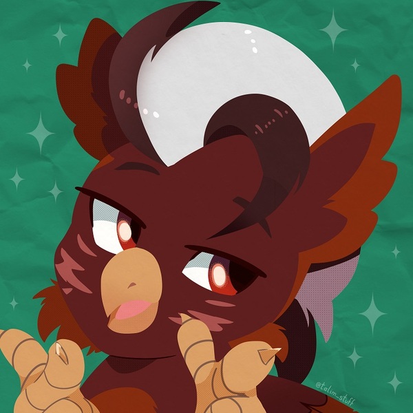 Size: 750x750 | Tagged: safe, artist:talimingi, derpibooru import, oc, unofficial characters only, gryphon, abstract background, beak, bust, commission, griffon oc, image, jpeg, lidded eyes, open beak, open mouth, pointing at you, solo