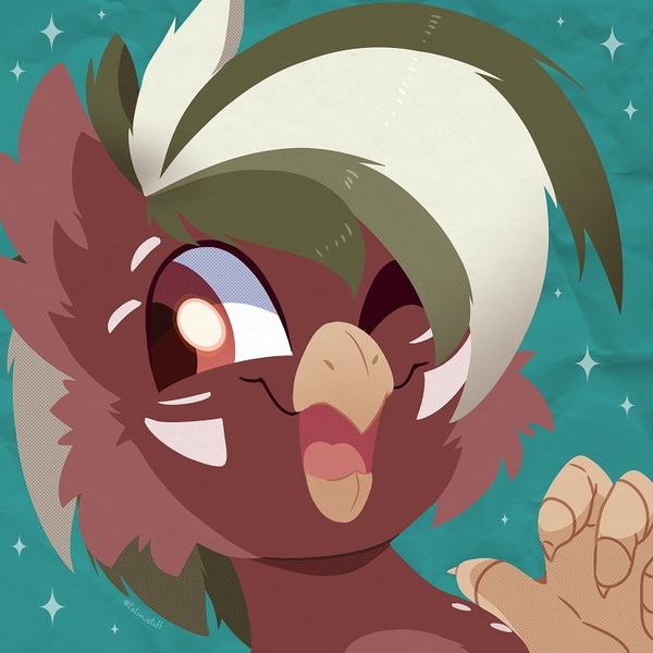 Size: 750x750 | Tagged: safe, artist:talimingi, derpibooru import, oc, unofficial characters only, gryphon, abstract background, beak, bust, cheek fluff, commission, griffon oc, image, jpeg, one eye closed, open beak, open mouth, open smile, smiling, solo, wink