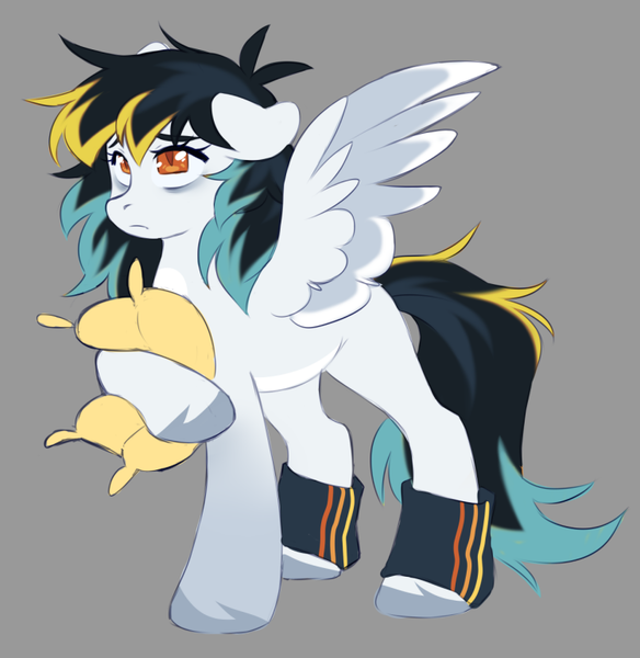 Size: 749x769 | Tagged: safe, artist:cheekipone, ponerpics import, oc, oc:feather fall, unofficial characters only, pegasus, pony, bags under eyes, coat markings, female, floppy ears, gray background, hug, image, leg warmers, mare, pegasus oc, pillow, pillow hug, png, sad, simple background, solo, spread wings, standing, standing on three hooves, three toned mane, three toned tail, three toned wings, unshorn fetlocks, wings