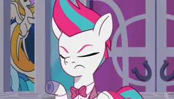 Size: 2027x1154 | Tagged: safe, derpibooru import, screencap, zipp storm, pegasus, pony, g5, my little pony: tell your tale, baby critters, bowtie, clothes, crystal brighthouse, door, eyes closed, female, formal wear, image, jpeg, pointing, raised hoof, solo, stern, strict, suit, tuxedo