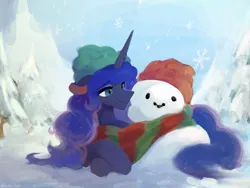 Size: 2048x1536 | Tagged: safe, artist:unclechai, derpibooru import, princess luna, oc, oc:snowdrop, alicorn, pony, g4, clothes, female, image, mare, png, scarf, sky, snow, snowfall, snowflake, snowpony, solo, tree